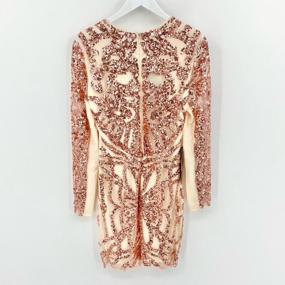 BEBE Sequin Scroll Mesh Rose Gold Bodycon Structured Dress Size M - Picture 4 of 16